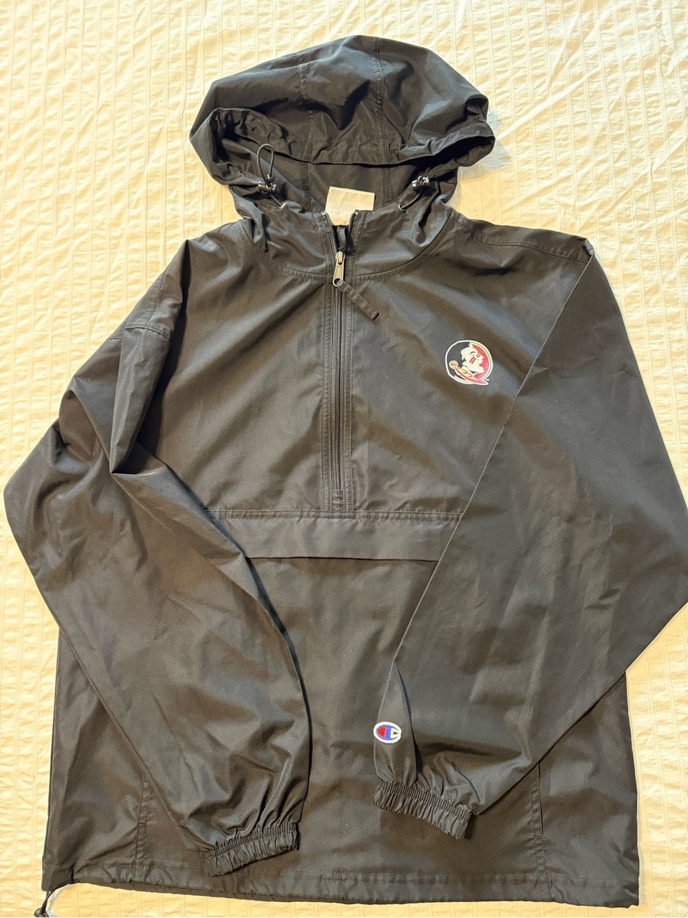 Champion FSU Black Hooded Pullover Rain Jacket with Logo